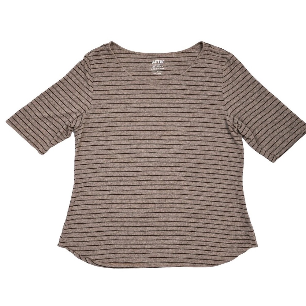 APT. 9 Modern Essentials Elbow Sleeve Knit Top Size L Brown Black Stripe Scoop